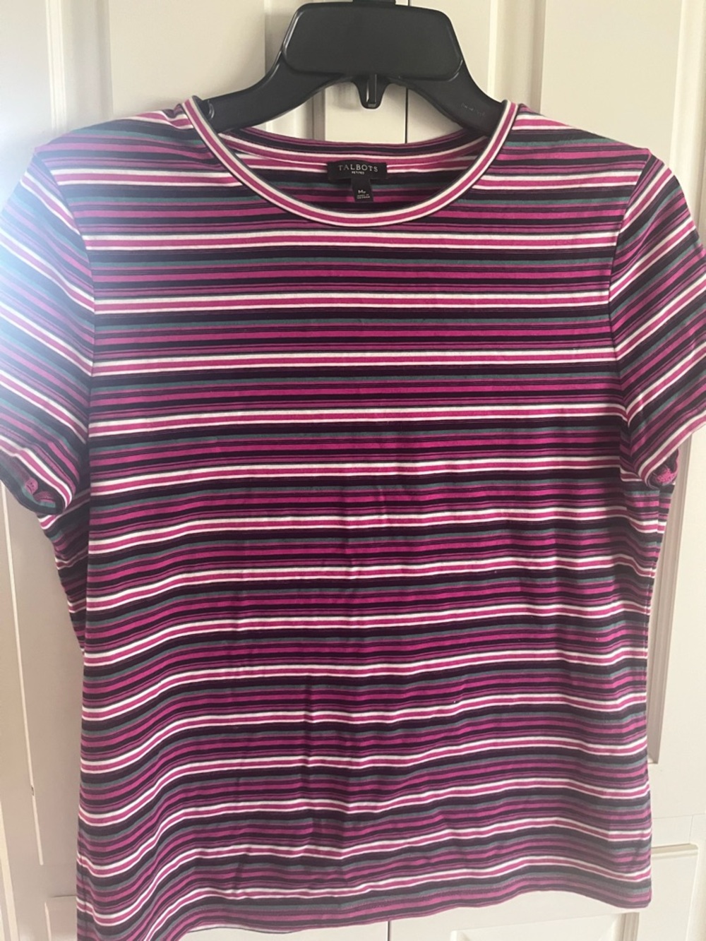 Talbots Striped Short Sleeve Crewneck Top in Pink and Black